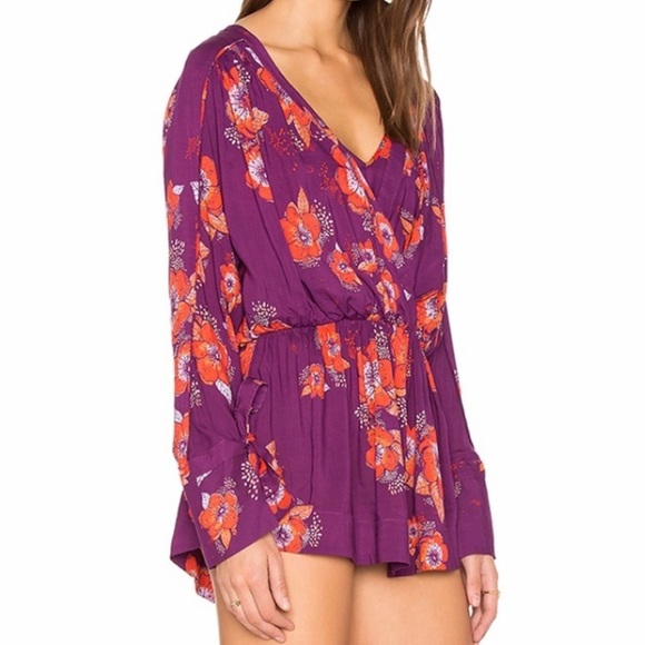 Free People Tropical Floral Print Faux Wrap Tie Sleeve Purple Peplum Blouse - Picture 7 of 15